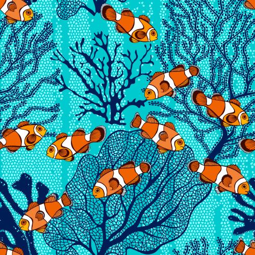 Vector image clownfish and corals on light blue mosaic