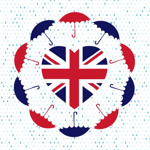 Drop. Vector heart-shaped uk flag, multicolored umbrellas, raindrops on white