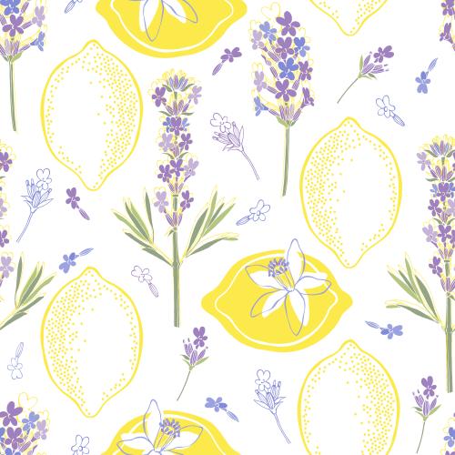Vector image lavender lemons fruits and flowers on white