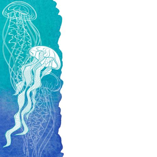 Jellyfish. Vector jellyfish on the blue watercolor fragment, text area on the white