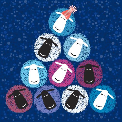 Vector image pyramid of multicolored cartoon sheep on blue checkered