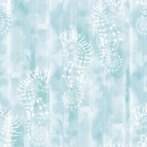 Vector image sea horses, white contours on blue watercolor