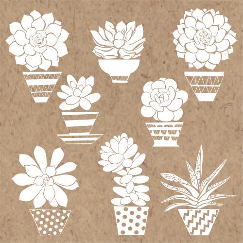 Vector image succulents in pots, white silhouettes on craft