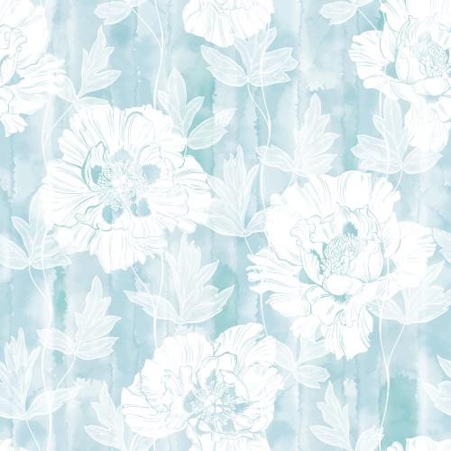 Vector image peonies flowers and leaves on blue watercolor
