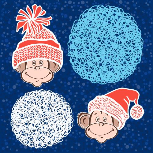 Monkey. Vector cute monkey faces in hats decorative circles elements for design on blue checkered