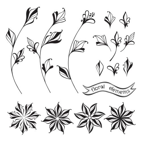 Illustration stylized natural elements, flowers and twigs on white