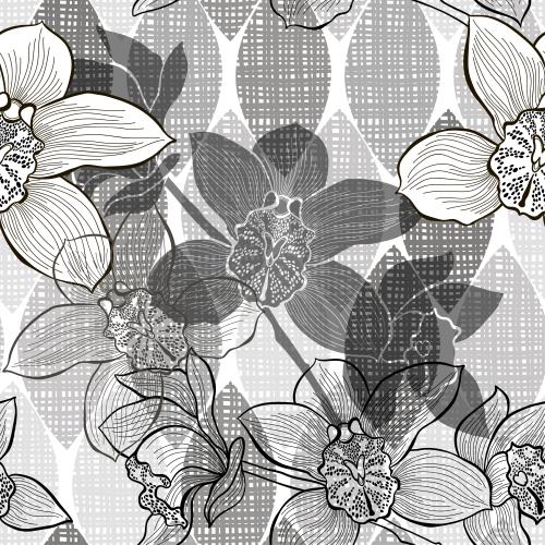 Orchid. Vector orchid branches in bloom on abstract checkered leaves
