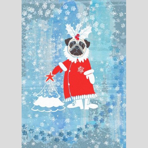 Pug. Vector cute pug in a christmas costume with a tree on a scenic blue
