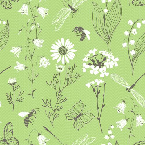 Bee. Vector bellflowers lilies of the valley daisies rapeseed butterflies dragonflies and bees on green grass