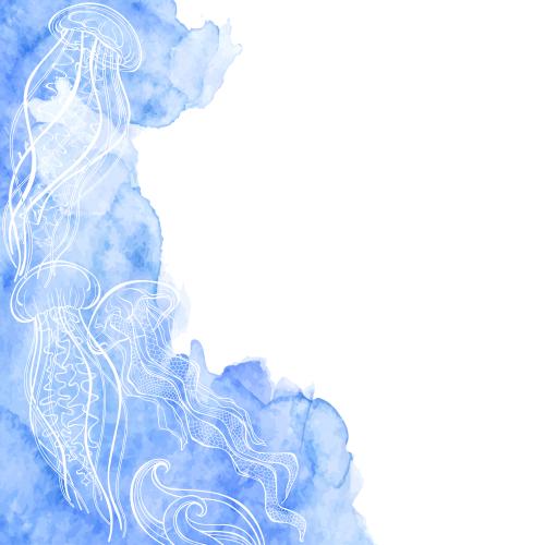 Jellyfish. Vector jellies waves on a blue watercolor fragment space for text on white