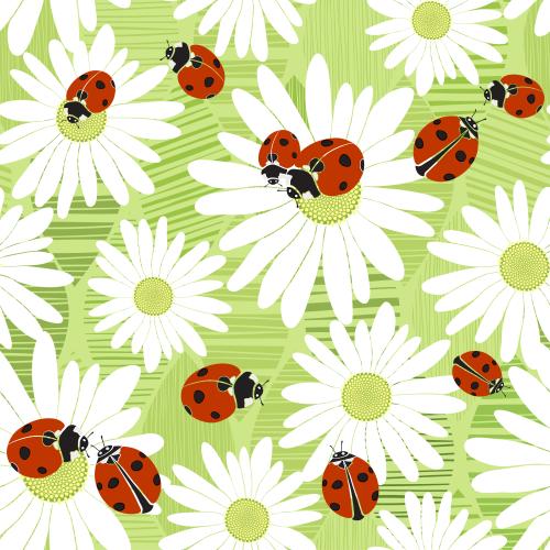 Chamomile. Vector daisies and ladybugs on green striped leaf
