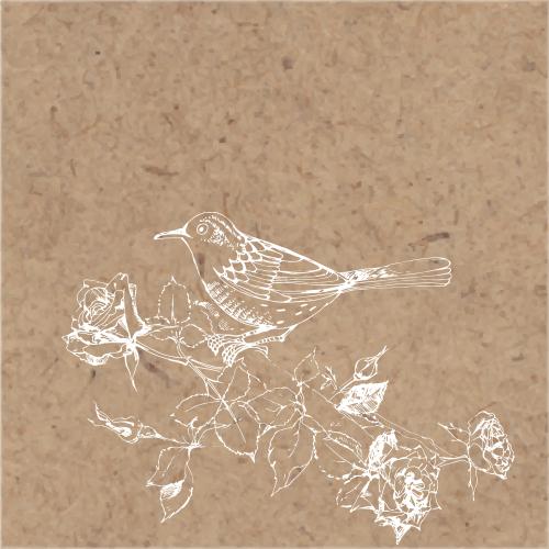 Rose. Vector sitting bird on a flowering pink bush sketch on craft