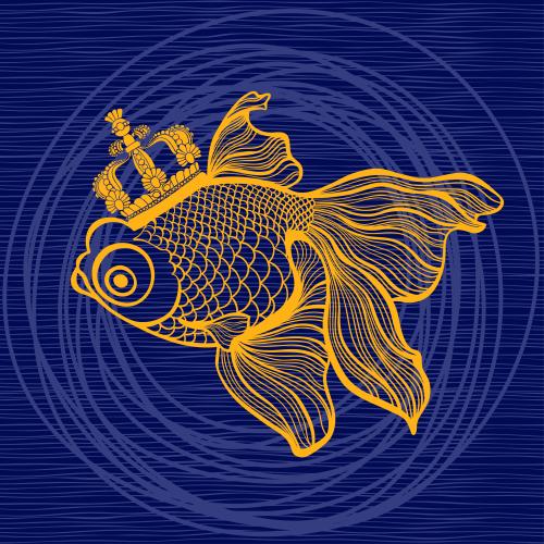 Crown. Vector cartoon fish in a crown on blue waves