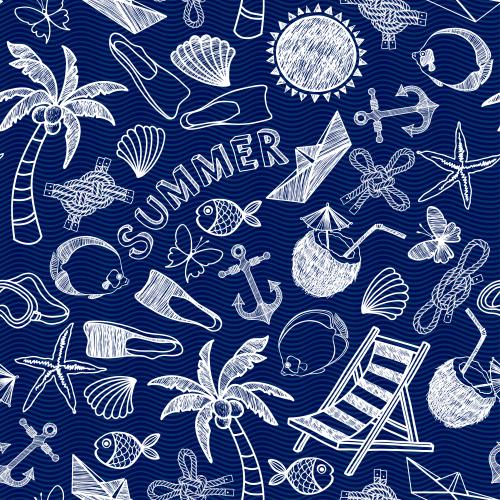 Shell. Vector symbols of beach leisure on blue waves
