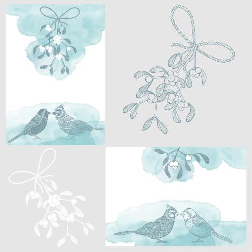 Northern cardinal. Vector two postcards with birds mistletoe blue watercolor fragments