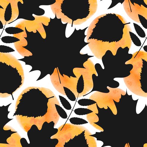 Vector image black silhouettes of leaves, orange watercolor fragments on white