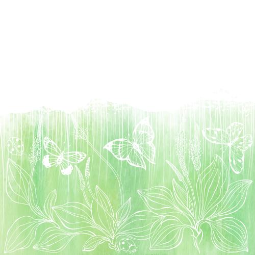Ladybug. Vector plantain butterflies ladybugs on green watercolor fragment space for text on white