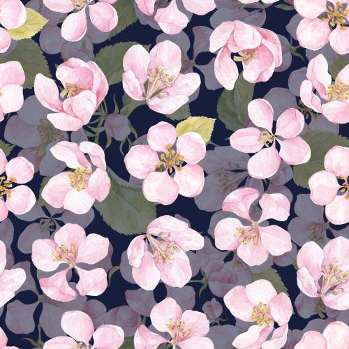 Raster image flowers and leaves of the apple tree on blue