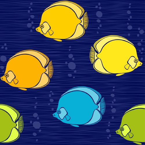 Stripe. Vector multicolored fish on blue waves