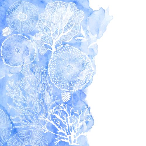 Illustration abstract marine inhabitants algae corals on blue watercolor space for text on white