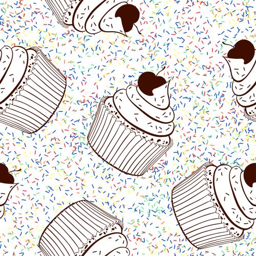 Berry. Vector Pattern muffins with cherry, multicolored sprinkles on light