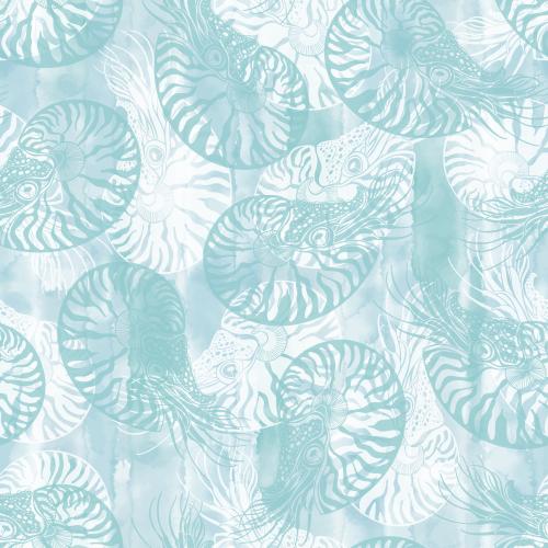 Vector image colorful and white silhouettes on blue watercolor nautiluses