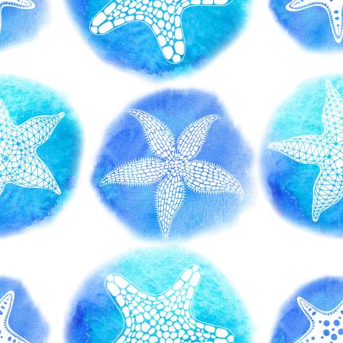 Raster image sea stars on blue-green watercolor circles on white