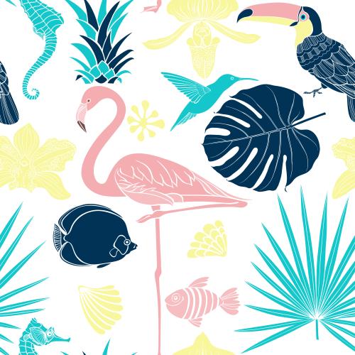 Beach. Vector flamingo toucan hummingbird seahorse fish shells orchids palm leaves on white
