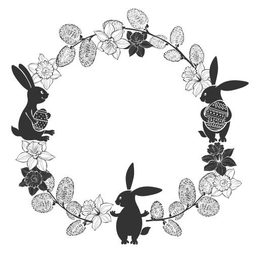 Rabbit. Vector cute rabbits with easter eggs, wreath of willow and daffodils on white