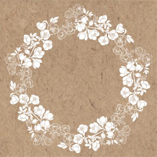 Japanese quince. Vector japanese quince, branches with flowers, white silhouettes, contours on craft paper, round frame