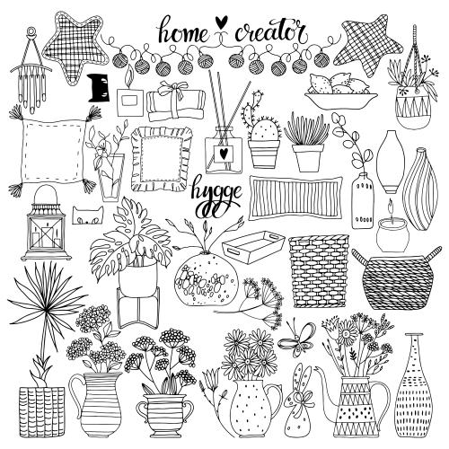 Cactus. Vector indoor flowers garland lantern cat pillows and other symbols of home comfort on white