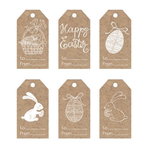 Bow. Vector six craft tags with easter symbols