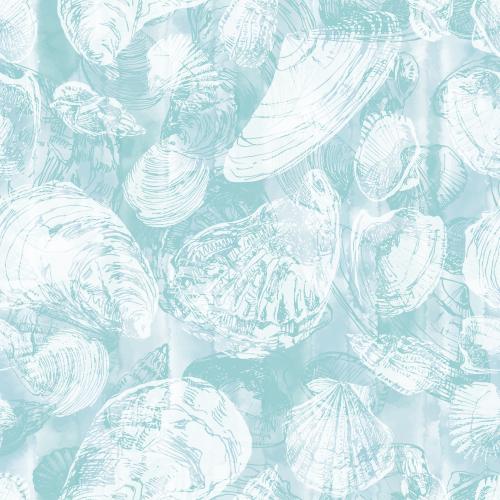 Illustration shells white silhouettes and blue outlines on blue watercolor