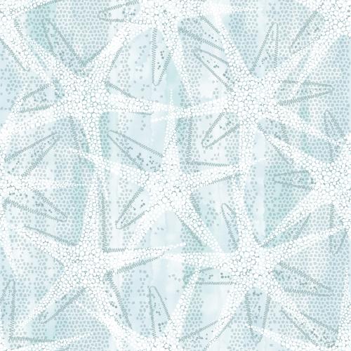 Vector image sea stars silhouettes and contours on the blue watercolor mosaic
