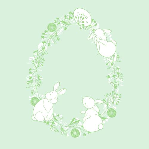 Illustration fantasy wreath of flowers and plants in the shape of an egg and three cute rabbits