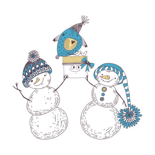 Snowman. Vector cartoon snowmen bird with a gift on white