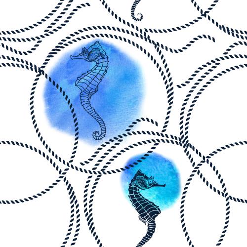 Raster image sea rope rings sea horses round watercolor fragments on white
