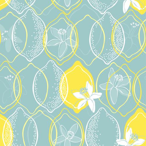Lemon. Vector lemons, lemon flowers, contours and silhouettes on blue