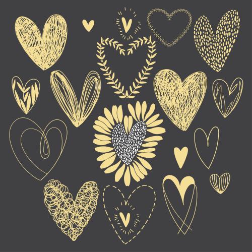 Vector image golden heart-shaped doodle style various options on black