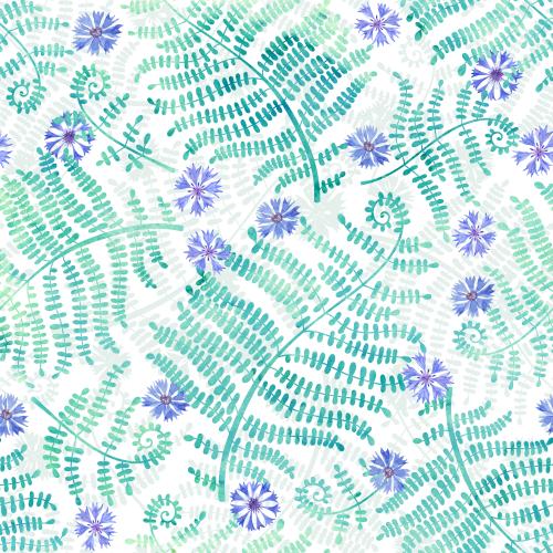 Raster image watercolor violet flowers and fern leaves on white
