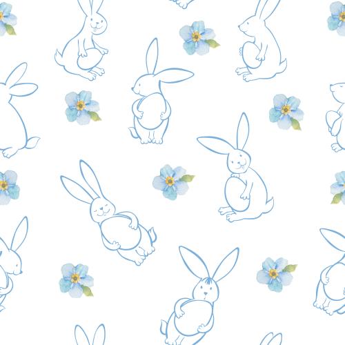 Raster image rabbits with easter eggs and watercolor forget-me-nots on white
