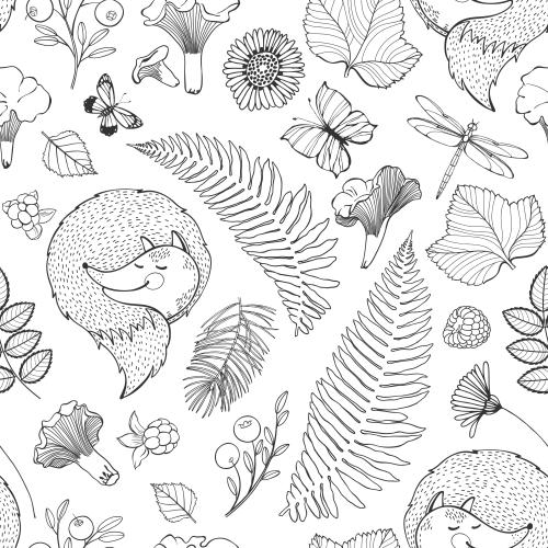 Chamomile. Vector sleeping chanterelles, dragonflies and butterflies, leaves, flowers, berries, chanterelles on white
