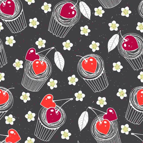 Dessert. Vector muffins with cherry hearts and flowers on black checkered