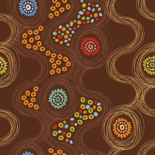 Vector image multicolored abstract flowers wavy lines decorative elements on brown