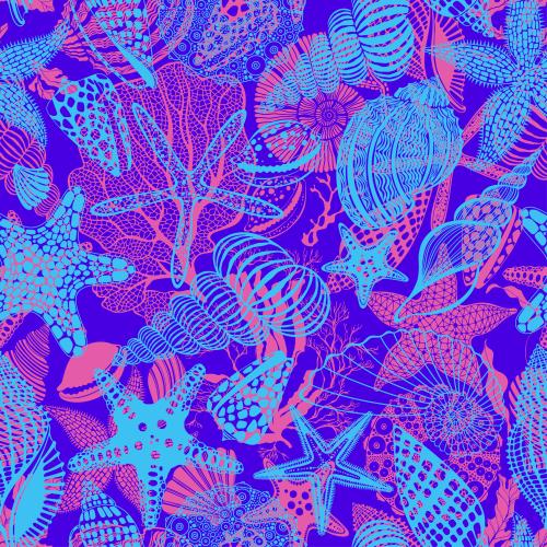 Underwater plant. Vector Pattern sea stars shells nautilus sea urchin corals algae bright silhouettes and outlines on blue