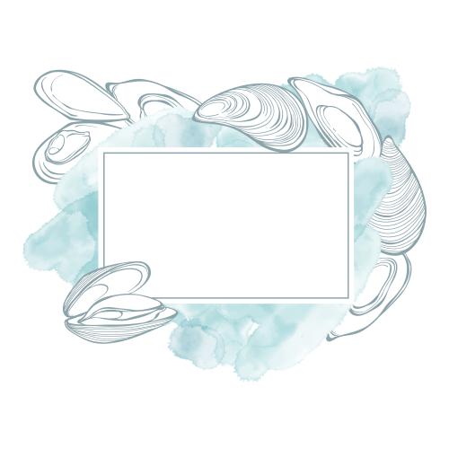 Mussel. Vector midi, blue watercolor fragment, rectangular space for text