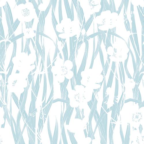 Buttercup. Vector lilies and grass, white and blue silhouettes on white