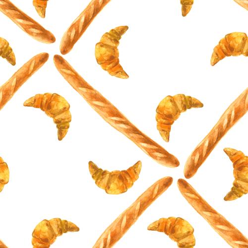 Raster image baguettes and croissants, watercolor on white
