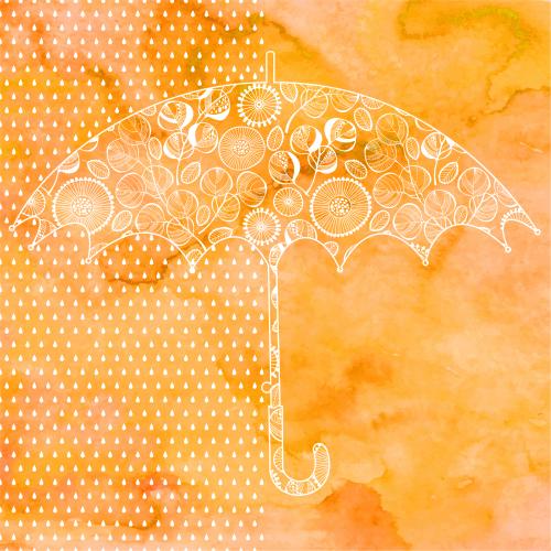 Drop. Vector umbrella with a pattern, raindrops, white images on watercolor orange