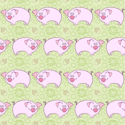 Pig. Vector cute pigs, grass and acorns
